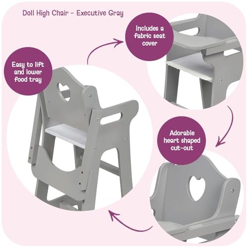 Badger Basket Executive Doll High Chair Wooden Toy Chair with Liftable Tray Fabric Seat Trim and Realistic Design Fits 18 Inch Dolls and More Gray and White - Image 5