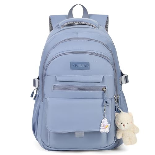 PRLINJSK Girls Backpack for College High Middle School Student, Cute Aesthetic Bookbag for Teens Women with Accessories,Blue - Image 1