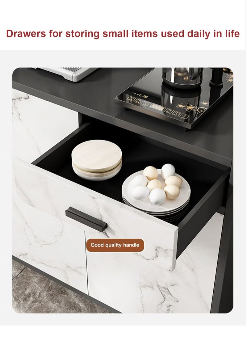 AGD Freestanding Kitchen Cabinet with Kitchen Utensil Storage and Countertop, 100x34x93 cm Marble/Black - Image 4