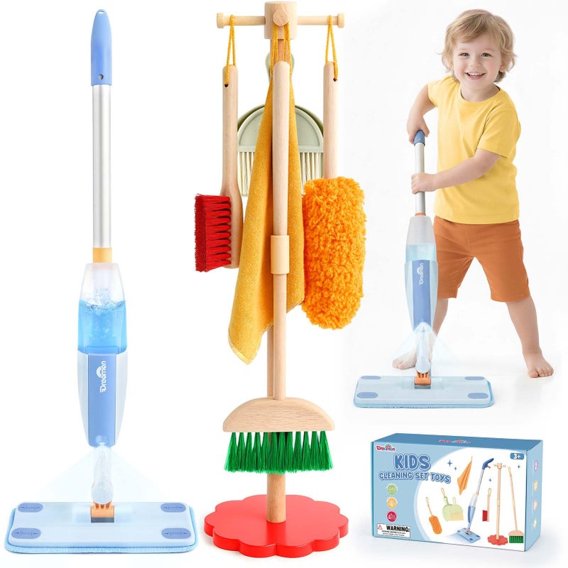 Dreamon Wooden Toddler Cleaning Set 10Pcs Kids Cleaning Toy Set with Real Working Kids Spray Mop Montessori Cleaning Toys with Broom and Mop Set for Toddlers Girls Boys Age 36 - Image 3