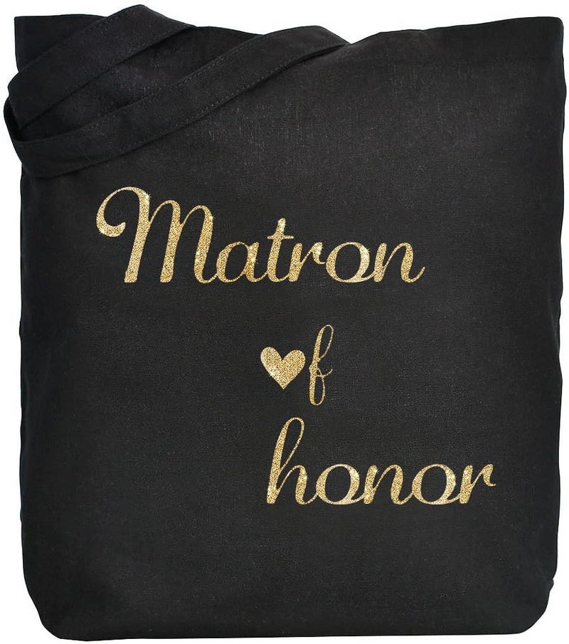 ELEGANTPARK Matron of Honor Tote Bag for Wedding Gifts Black 100 Cotton with Gold Script - Image 2