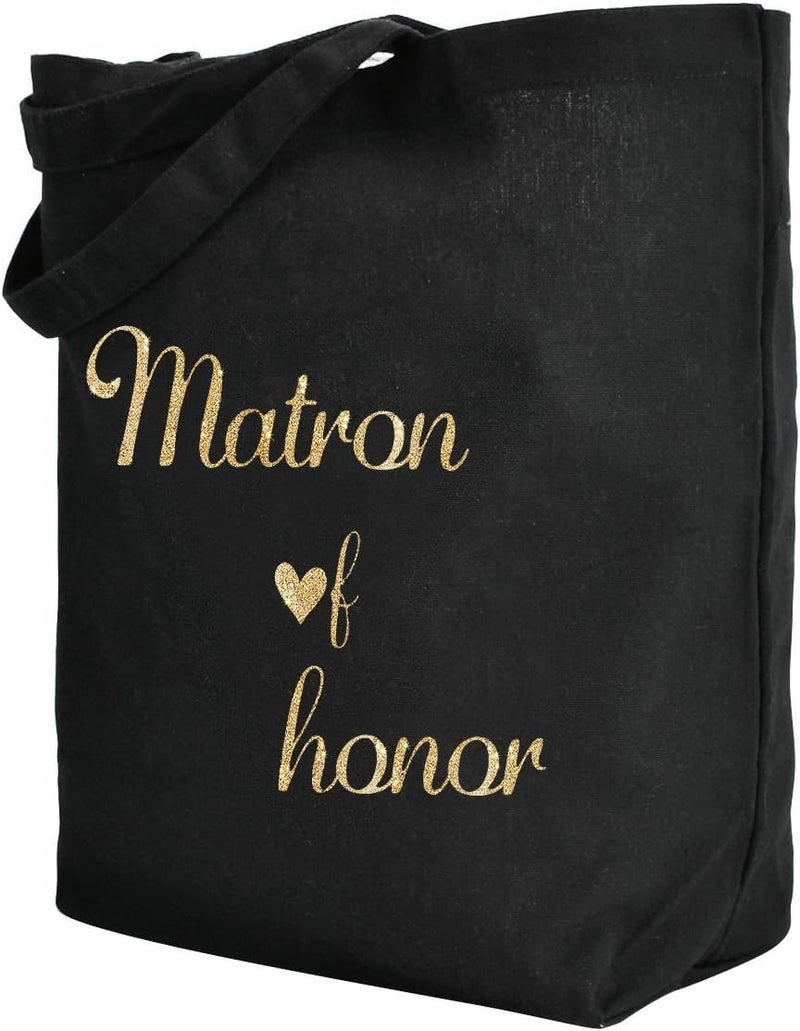 ELEGANTPARK Matron of Honor Tote Bag for Wedding Gifts Black 100 Cotton with Gold Script - Image 3