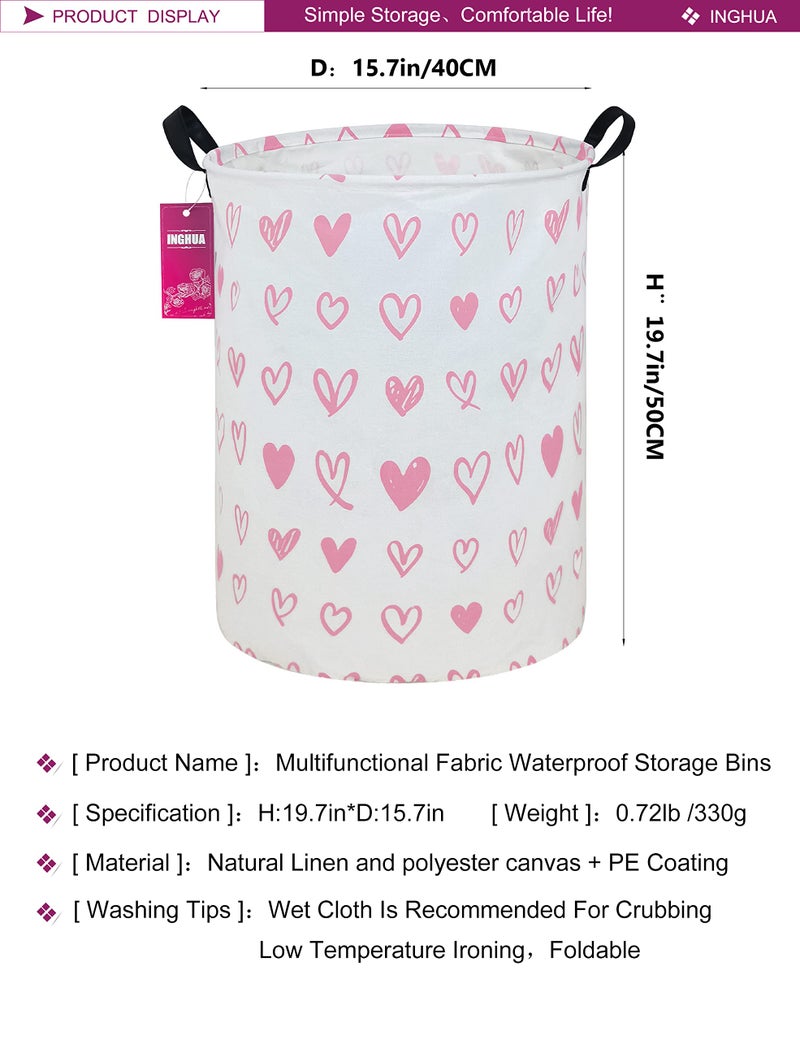 INGHUA Laundry Hamper Large Canvas Fabric Lightweight Storage Basket/Toy Organizer/Dirty Clothes Collapsible Waterproof for College Dorms, Boys and Girls Bedroom,Bathroom(Pink hearts) - Image 2
