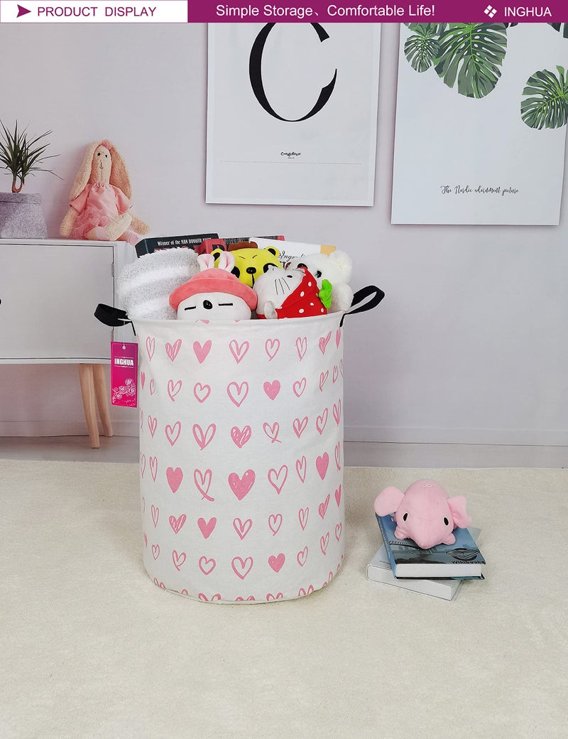 INGHUA Laundry Hamper Large Canvas Fabric Lightweight Storage Basket/Toy Organizer/Dirty Clothes Collapsible Waterproof for College Dorms, Boys and Girls Bedroom,Bathroom(Pink hearts) - Image 3