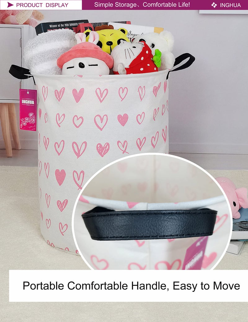 INGHUA Laundry Hamper Large Canvas Fabric Lightweight Storage Basket/Toy Organizer/Dirty Clothes Collapsible Waterproof for College Dorms, Boys and Girls Bedroom,Bathroom(Pink hearts) - Image 5
