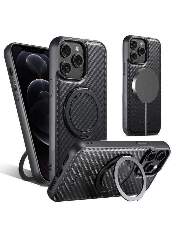 Suteni Case For iPhone 12 Pro Max G3 Carbon Fiber Leather 360 Rotation Holder MagSafe Phone Case - Image 1