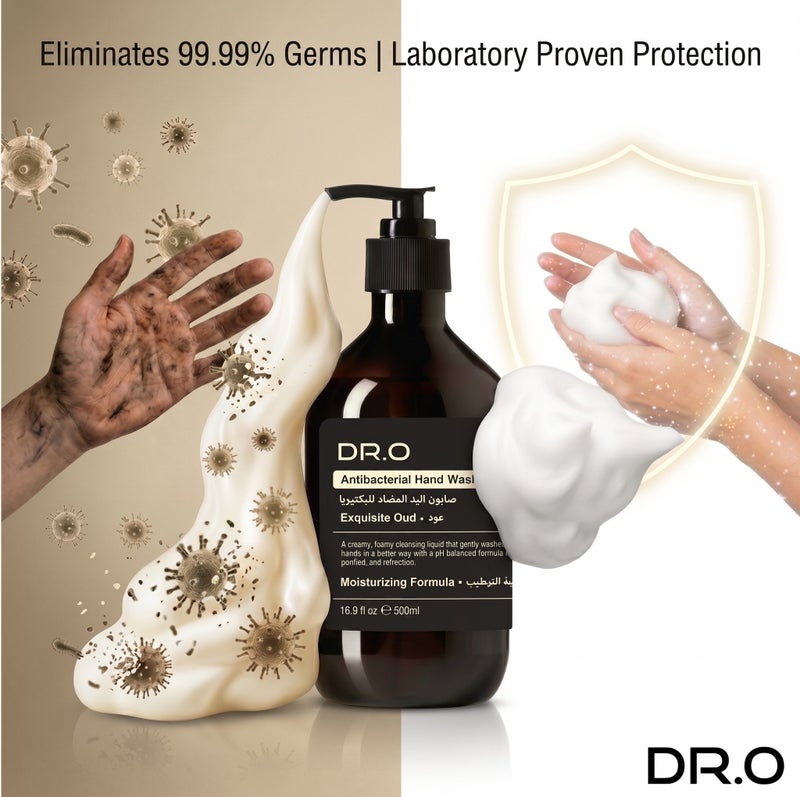 DR.O Premium Antibacterial Hand Wash | EXQUISITE OUD | 500ml | Liquid Soap Enriched With Natural Moisturizers  | pH-Balanced Hydrating Formula Cleanses & Softens Skin | French Formulation & UAE Made - Image 4