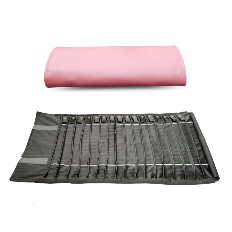 SCIKHEFT Portable Jewelry Roll Untangled Secure Necklace Travel Storage Bag Displays Holder 16 Chain (Pink PU and gray velvet) - Image 1