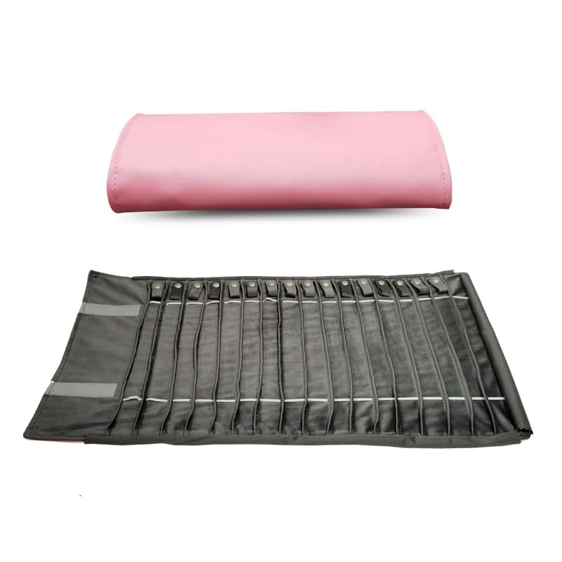 SCIKHEFT Portable Jewelry Roll Untangled Secure Necklace Travel Storage Bag Displays Holder 16 Chain (Pink PU and gray velvet) - Image 2