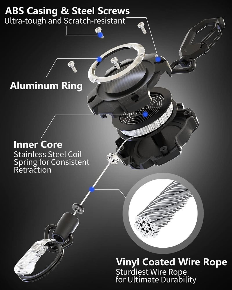 LIUGX 2 Pack Retractable Keychain, Heavy Duty Carabiner Key Chains, 10,000+ Rebound, Impact Resistance ID Badge Reels with 31.5â€ Wire Rope and Key Ring, Up to 8oz, Aluminum Ring, Carbon Fiber-Texture - Image 3