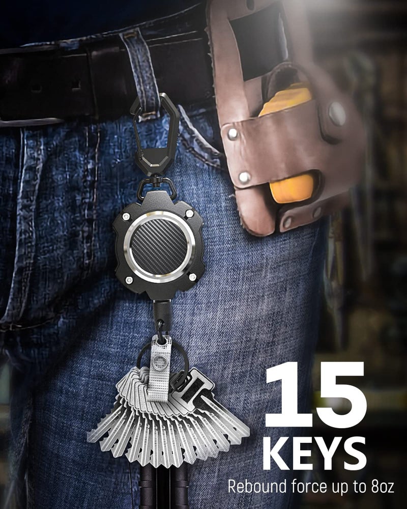 LIUGX 2 Pack Retractable Keychain, Heavy Duty Carabiner Key Chains, 10,000+ Rebound, Impact Resistance ID Badge Reels with 31.5â€ Wire Rope and Key Ring, Up to 8oz, Aluminum Ring, Carbon Fiber-Texture - Image 4