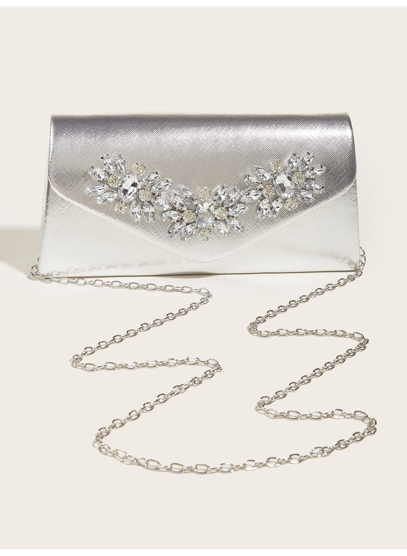 Elegant Women's Silver Evening Bag with Crystal Embellishment and Luxury Envelope Design - Image 3