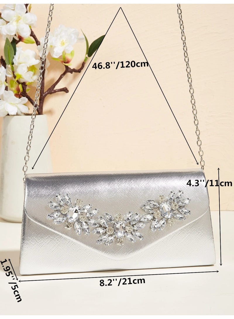 Elegant Women's Silver Evening Bag with Crystal Embellishment and Luxury Envelope Design - Image 5