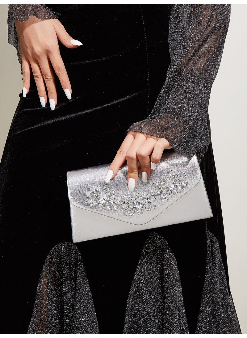 Elegant Women's Silver Evening Bag with Crystal Embellishment and Luxury Envelope Design - Image 1