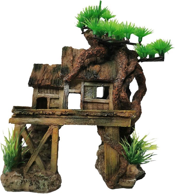AQUARIUM DECORATIONS FISH TANK ORNAMENTS HOUSE ON TERRACE WITH TREE ROOT RESIN HANDICRAFTS FOR BETTA FISH