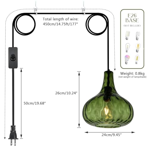 Qufute Vintage Plug in Pendant Light Fixture - Hammered Dark Green Glass Shade,Mid-Century Modern Plug in Hanging Pendant Lamp with 14.7 ft Cord for Living Room Corner Room Bedroom Farmhouse - Image 2