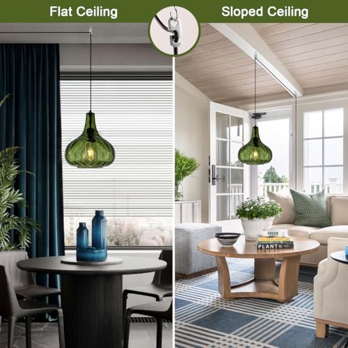 Qufute Vintage Plug in Pendant Light Fixture - Hammered Dark Green Glass Shade,Mid-Century Modern Plug in Hanging Pendant Lamp with 14.7 ft Cord for Living Room Corner Room Bedroom Farmhouse - Image 5
