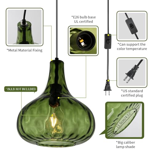 Qufute Vintage Plug in Pendant Light Fixture - Hammered Dark Green Glass Shade,Mid-Century Modern Plug in Hanging Pendant Lamp with 14.7 ft Cord for Living Room Corner Room Bedroom Farmhouse - Image 3