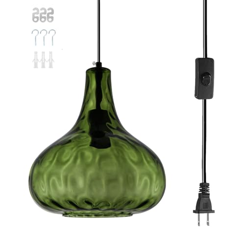 Qufute Vintage Plug in Pendant Light Fixture - Hammered Dark Green Glass Shade,Mid-Century Modern Plug in Hanging Pendant Lamp with 14.7 ft Cord for Living Room Corner Room Bedroom Farmhouse - Image 1