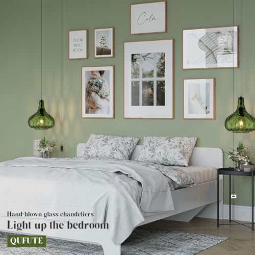 Qufute Vintage Plug in Pendant Light Fixture - Hammered Dark Green Glass Shade,Mid-Century Modern Plug in Hanging Pendant Lamp with 14.7 ft Cord for Living Room Corner Room Bedroom Farmhouse - Image 4