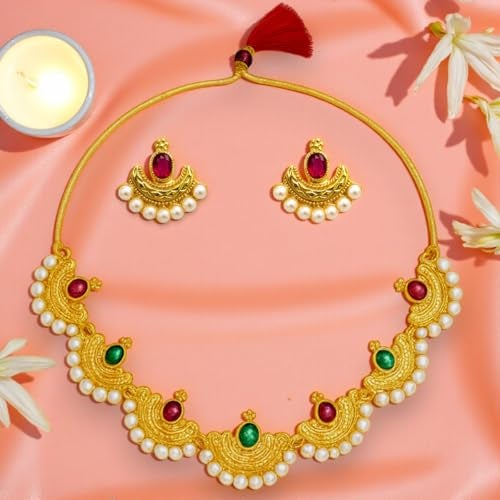 ACCESSHER Women's Traditional Gold-Plated Necklace Set with Ruby and Emerald Colored Stones | Crescent Moon Design, Pearl Beading, and Matching Earrings - Image 3