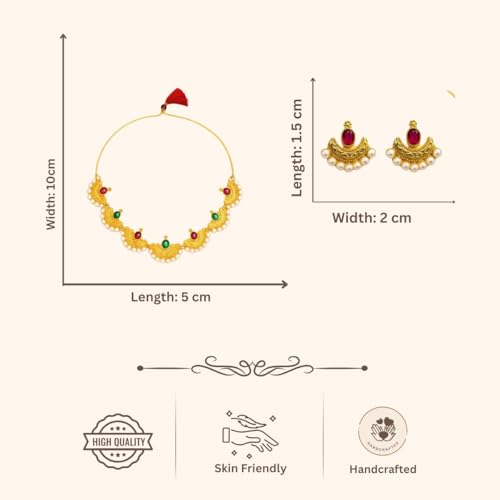 ACCESSHER Women's Traditional Gold-Plated Necklace Set with Ruby and Emerald Colored Stones | Crescent Moon Design, Pearl Beading, and Matching Earrings - Image 5