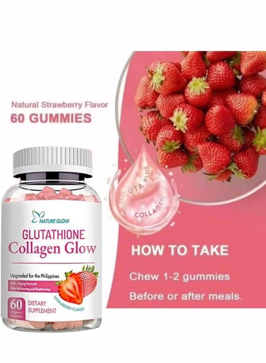 NATURE GLOW 2 Bottles, Glutathione Collagen Glow, Anti-Aging Formula, Skin Whitening and Brightening, Vitamins Strawberry Flavor, 60 Organic Gummies + 60 Organic Gummies | Best Price KSA