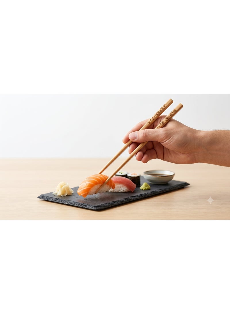 Wood Reusable Chopsticks Set, Floral Design, Natural Wood, 10 Pairs - Image 2