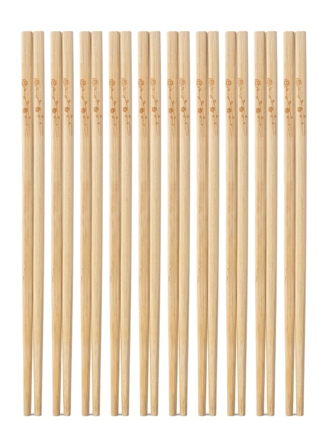 Wood Reusable Chopsticks Set, Floral Design, Natural Wood, 10 Pairs - Image 1