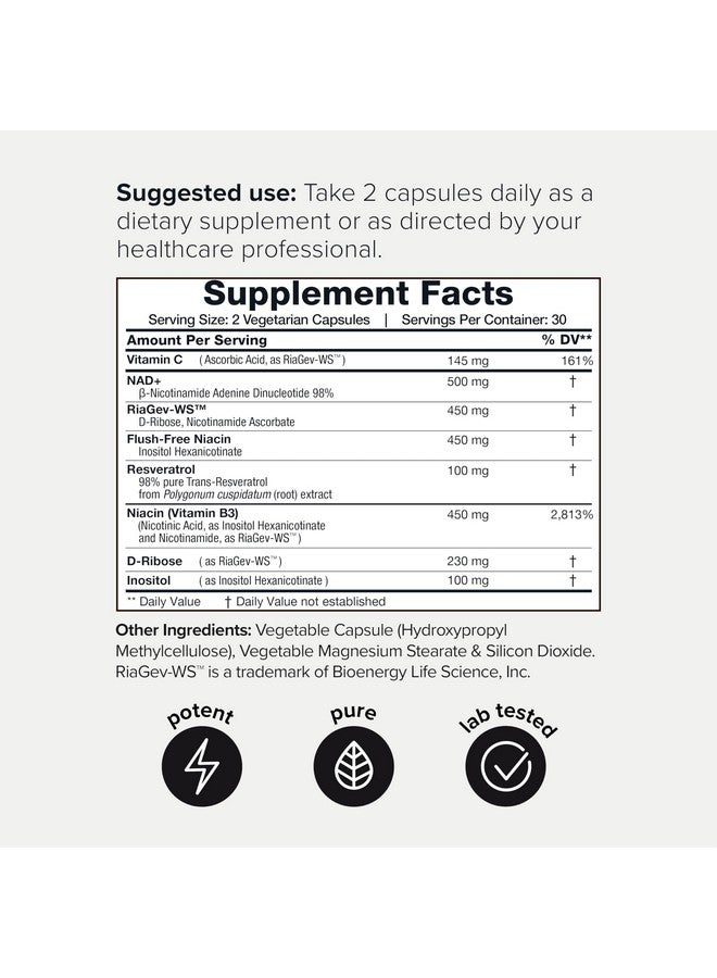 تونيق مكمل غذائي عالي القوة 1500 مجم NAD+ - مكونات تم اختبارها سريريًا بواسطة جهة خارجية مع RiaGev-WS™ الحاصلة على براءة اختراع، والريسفيراترول، والنياسين - 60 كبسولة TQ - Image 2