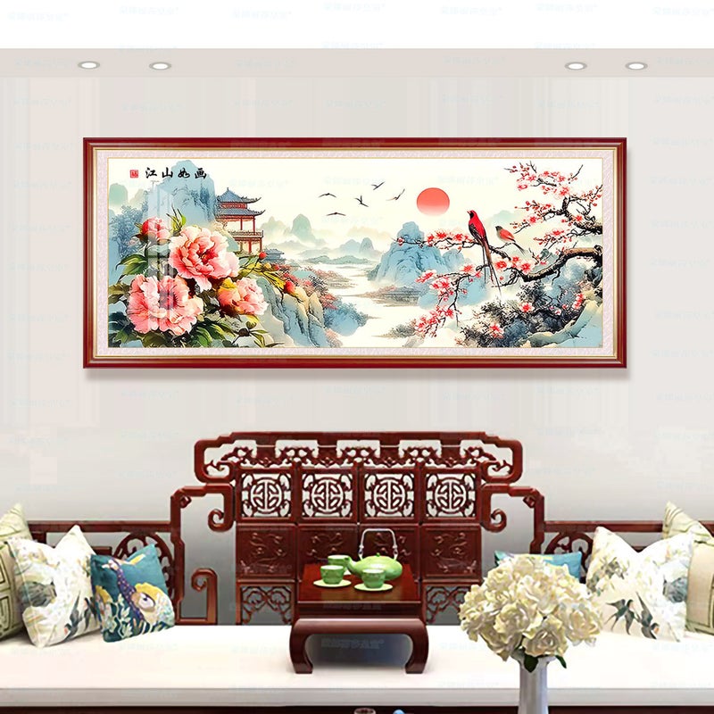 Imported Cotton Fabric Minnie Royal Ten Cross-Stitch Scenery River Painting New Style Landscape Decoration Hand Embroidery Imported cotton cloth [large grid four-strand embroidery] 220x 90cm - ultra-clear thickened embroidery cloth - 30% more thread volume 