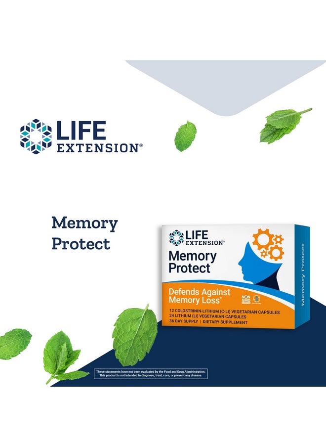 Life Extension - Life Extension Memory Protect - Brain & Memory Health Support Formula Neuro Supplement - Gluten-Free, Non-GMO, Vegetarian - 12 Colostrinin-Lithium (C-Li) Capsules + 24 Lithium (Li) Capsules - Image 1