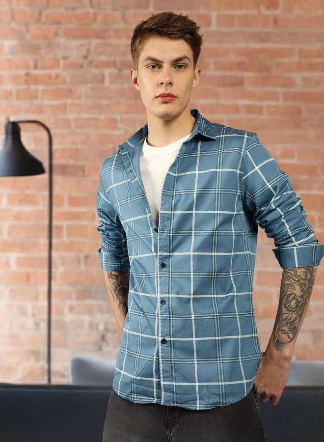 دينيس لينغو قميص رجالي أزرق بقصة ضيقة وياقة ممتدة وأكمام كاملة من القطن %