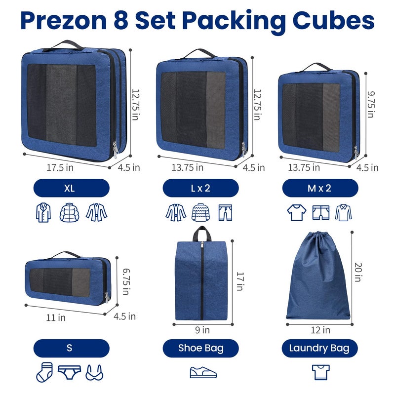 Prezon Compression Packing Cubes for Travel, Lightweight Vacation Travel Essentials, Travel Accessories for Suitcase Organizer Bags Set, Durable Luggage Organizer, 8 set, squre mesh, teal - Image 3