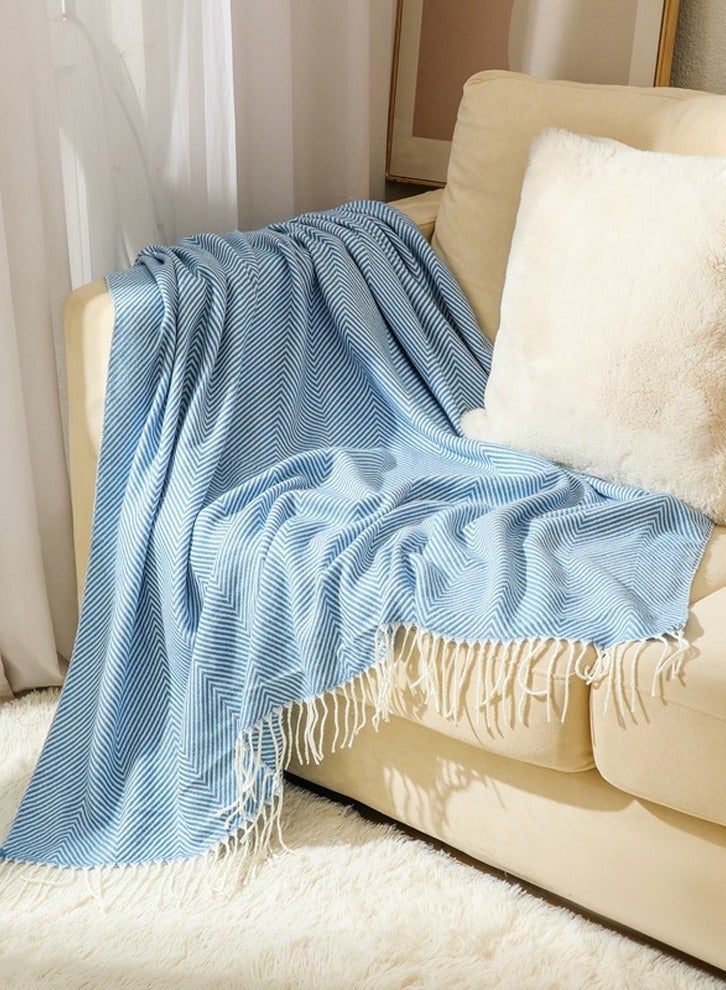 Loquat Stripes Tassel Design Knitted Soft Throw Blanket Blue  - Image 1