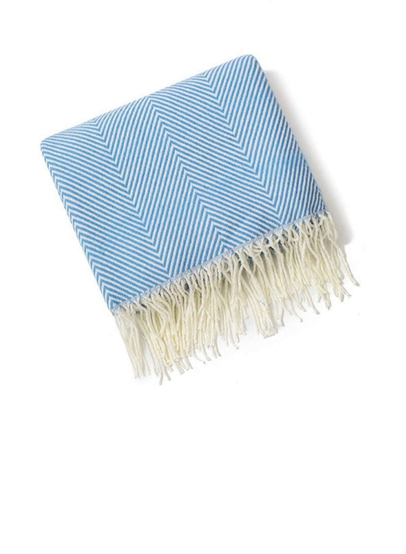 Loquat Stripes Tassel Design Knitted Soft Throw Blanket Blue  - Image 3