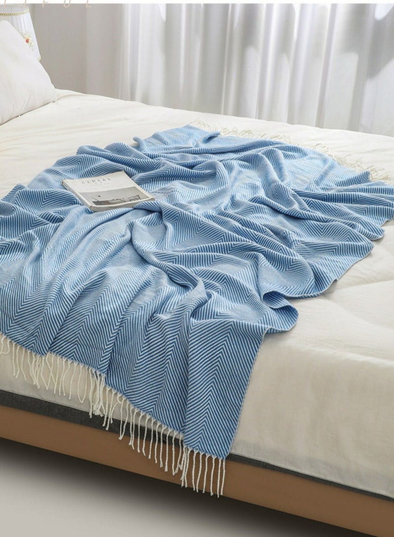 Loquat Stripes Tassel Design Knitted Soft Throw Blanket Blue  - Image 2