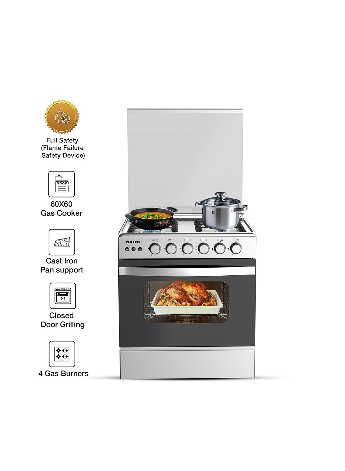 60X60cm 4 Burner Full Safety FreestAnding Gas Cooker, Auto Ignition, Double Glass Oven Door For Close Door Grilling With Turnspit, Glass Lid And Oven Lamp U6070EG Silver