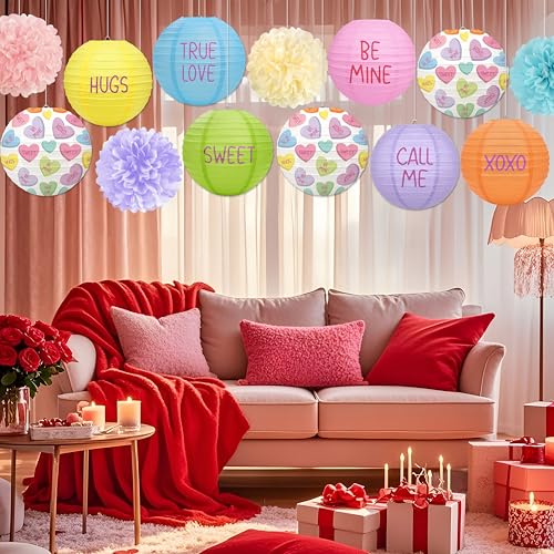 Renbuzhu 13PCS Valentines Day Decorations Colorful Paper Lanterns Pom Poms Valentine’s Conversation Hearts Party Hanging Decor Supplies for Wedding Anniversary Office - Image 2