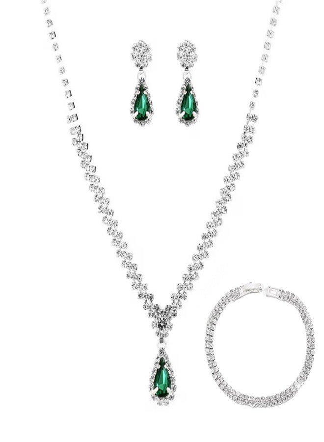 OIDIMS Fashion Wedding Statement Jewelry Set For Women Brides Minimalist Cubic Zirconia Teardrop Pendant Necklace And Marquise Rhinestone Dangle Earrings Prom Pageant Costume Valentine's Day Engagement Gifts (Green) - Image 1