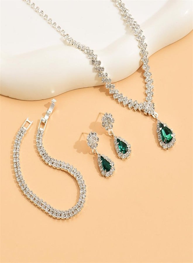 OIDIMS Fashion Wedding Statement Jewelry Set For Women Brides Minimalist Cubic Zirconia Teardrop Pendant Necklace And Marquise Rhinestone Dangle Earrings Prom Pageant Costume Valentine's Day Engagement Gifts (Green) - Image 5