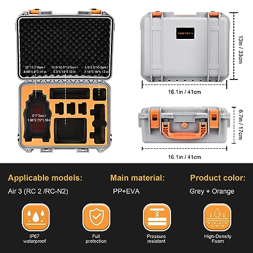 YETEETH Hard Case for DJI Air 3S Air 3, Waterproof Pressure Resistant Carrying Case for DJI Air 3S/3 Accessories - Fits for RC 2/RC-N2/RC-N3 (Grey) - Image 3