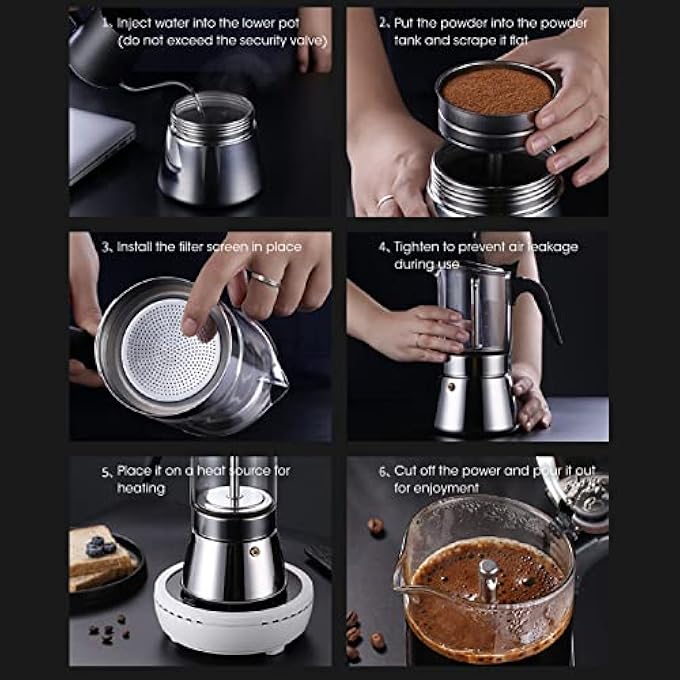 Jiawu Moka Pot Crystal Glass  Stainless Steel Stovetop Espresso Moka Pot Espresso Maker Classic Italian Coffee Maker For Home Coffee Shop Office Easy To Clean 160Ml - Image 5