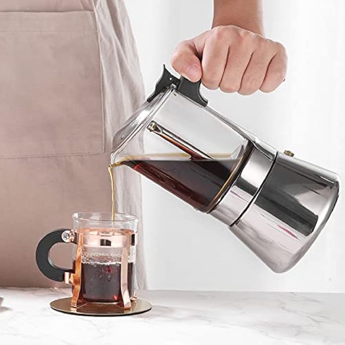 Jiawu Moka Pot Crystal Glass  Stainless Steel Stovetop Espresso Moka Pot Espresso Maker Classic Italian Coffee Maker For Home Coffee Shop Office Easy To Clean 160Ml - Image 4