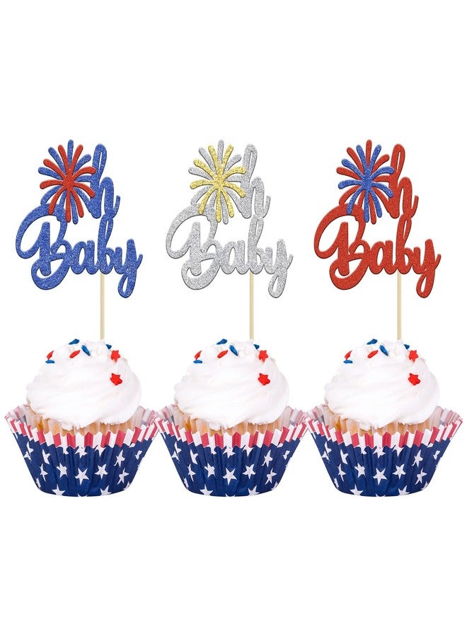 Ephlyn 24Pcs Independence Day Oh Baby Cupcake Toppers Firework Babyshower 4th of July Cupcake Picks for Independence Day 4th of July Party Supplies Favors - Image 1