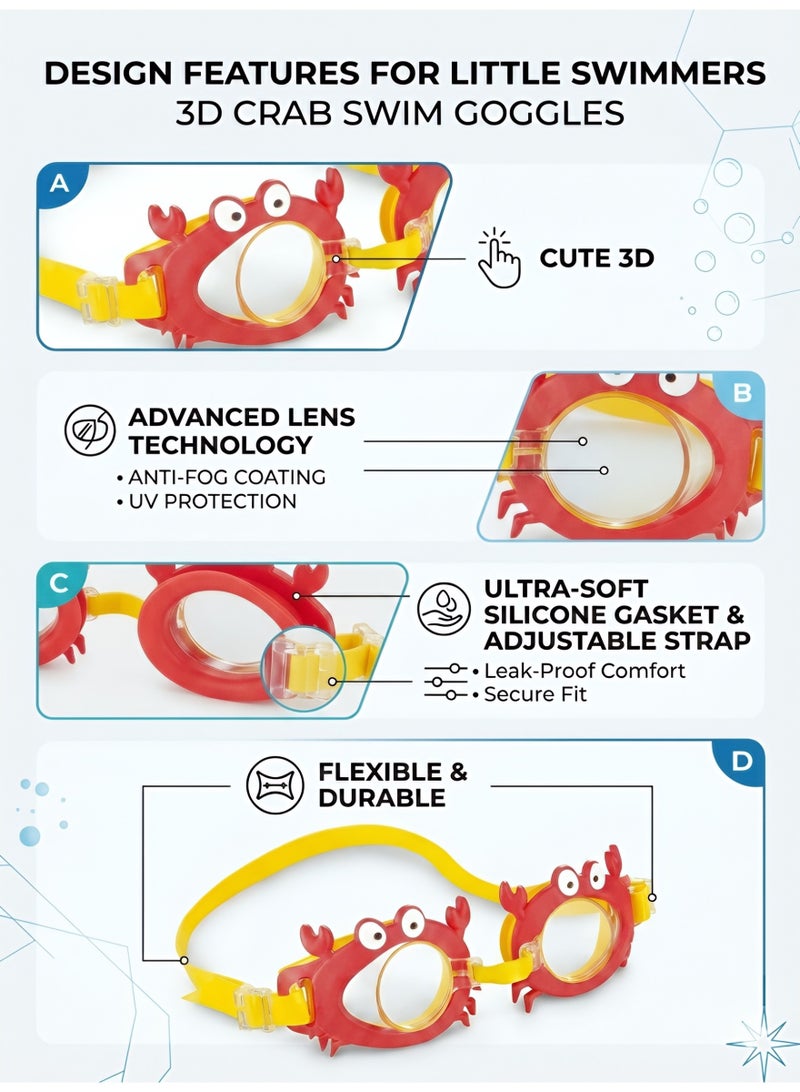 3D Crab Kids Swim Goggles - Anti-Fog, UV Protection Swimming Glasses with Soft Silicone Gasket & Adjustable Strap for Boys and Girls - Red/Yellow - Image 3