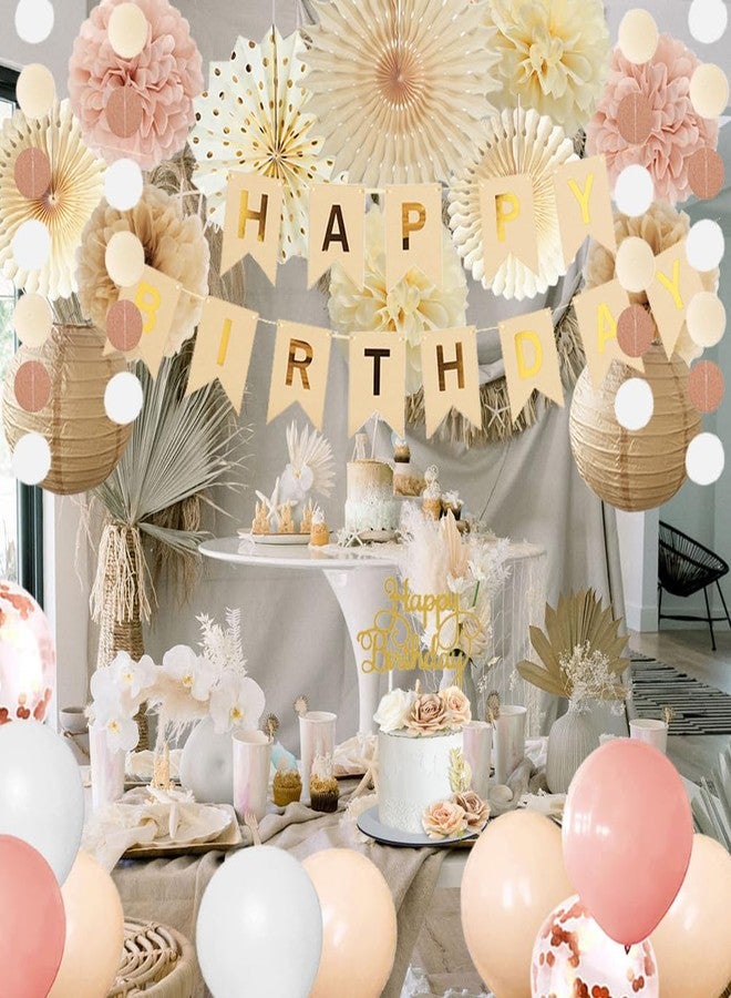 FETETIJD Champagne Gold Beige Fall Boho Birthday Decorations for Women Girls Beige and Pink Birthday Decorations Neutral Blush Dusty Pink Balloons Happy Birthday Banner Tissue Paper Pom Poms Fans Lanterns - Image 5