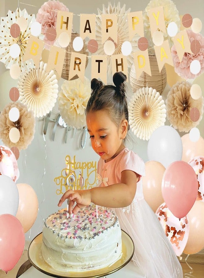 FETETIJD Champagne Gold Beige Fall Boho Birthday Decorations for Women Girls Beige and Pink Birthday Decorations Neutral Blush Dusty Pink Balloons Happy Birthday Banner Tissue Paper Pom Poms Fans Lanterns - Image 2