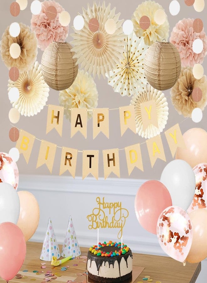 FETETIJD Champagne Gold Beige Fall Boho Birthday Decorations for Women Girls Beige and Pink Birthday Decorations Neutral Blush Dusty Pink Balloons Happy Birthday Banner Tissue Paper Pom Poms Fans Lanterns - Image 3