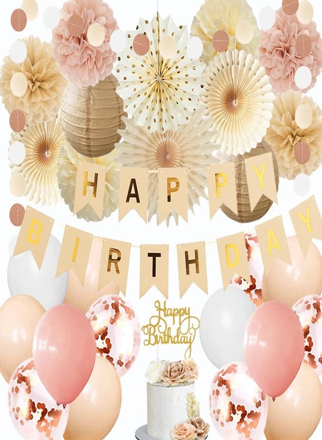 FETETIJD Champagne Gold Beige Fall Boho Birthday Decorations for Women Girls Beige and Pink Birthday Decorations Neutral Blush Dusty Pink Balloons Happy Birthday Banner Tissue Paper Pom Poms Fans Lanterns - Image 1